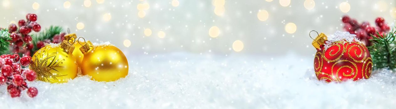 Christmas cards with snow and decor. Selective focus. New year.