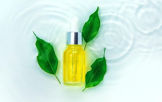 Cosmetics in a bottle in water, skin hydration concept. Selective focus. Nature.