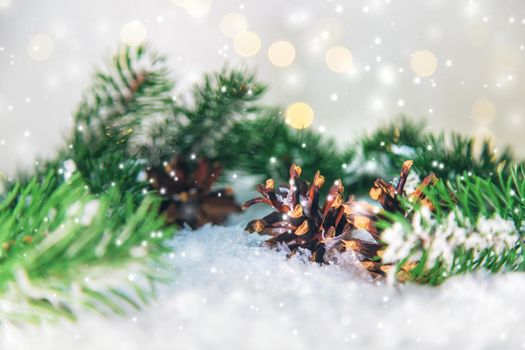 Christmas cards with snow and decor. Selective focus. New year.