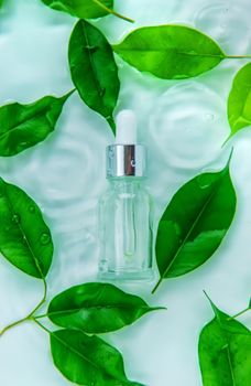 Cosmetics in a bottle in water, skin hydration concept. Selective focus. Nature.