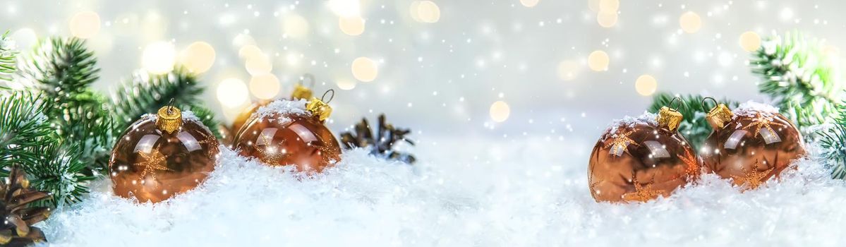 Christmas cards with snow and decor. Selective focus. New year.