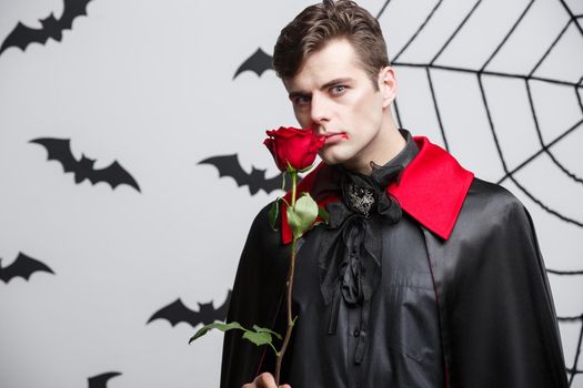 Vampire Halloween Concept - Portrait of handsome caucasian Vampire holding red beautiful rose