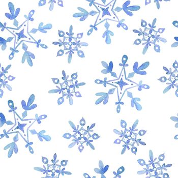 Watercolor hand drawn seamless pattern with blue elegant snowflakes for Christmas new year design wrapping paper textile. Electric blue snow frost pastel invitation celebration. Winter background