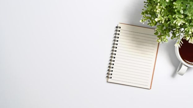 Notebook, coffee cup and potted plant on white background with copy space. Top view.