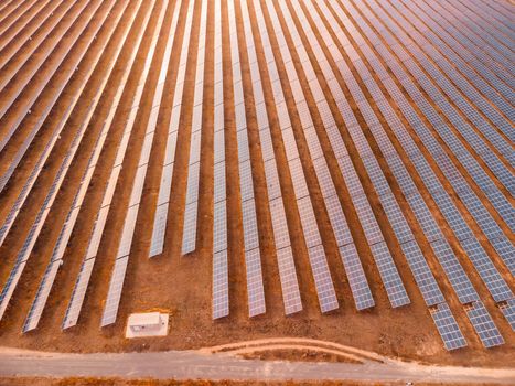 Aerial top view of a solar panels power plant. Photovoltaic solar panels at sunrise and sunset in countryside from above. Modern technology, climate care, earth saving, renewable energy concept
