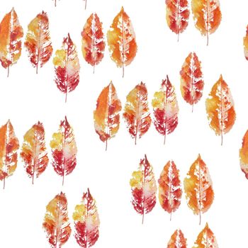 seamless watercolor hand drawn pattern of stamp imprint grunge fall autumn leaf leaves. Bright orange yellow red color with clouds cloudy sky natural forest wood for nature lovers woodland foliage .