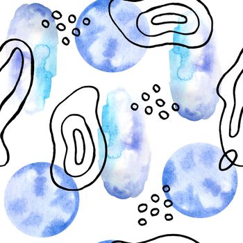 seamless hand drawn black white blue trendy contemporary graphic pattern with groups of abstract turquoise shapes spirals and watercolor polka dot circles. Doodles for textile wallpaper wrapping paper