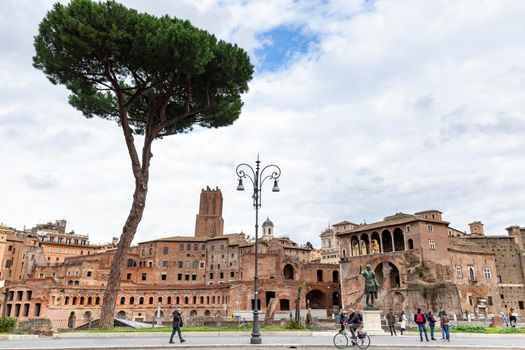 Roma, Italy, 27/11/2019: Trajan markets with visiting tourists and Roman citizens on the move in the city centre, travel reportage