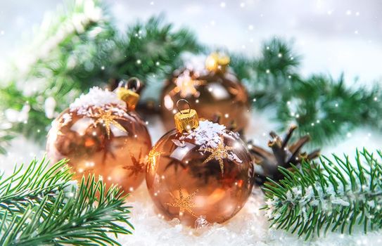 Christmas cards with snow and decor. Selective focus. New year.