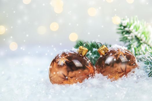 Christmas cards with snow and decor. Selective focus. New year.