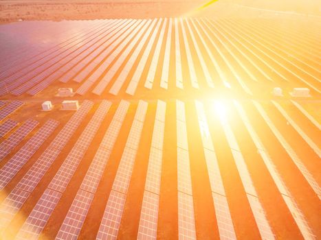 Aerial top view of a solar panels power plant. Photovoltaic solar panels at sunrise and sunset in countryside from above. Modern technology, climate care, earth saving, renewable energy concept