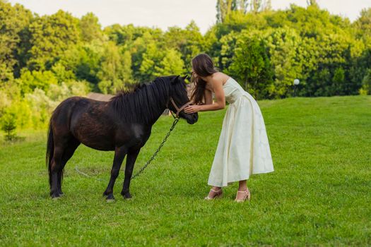 girl next to a pony on the lawn