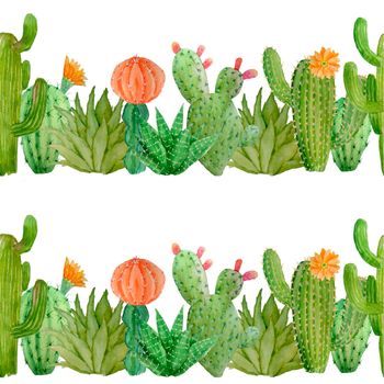 Watercolor hand drawn seamless pattern of tropical mexican cactus cacti succulents. Green natural house plants in pots botanical illsutration print interior design decoration for wallpaper textile