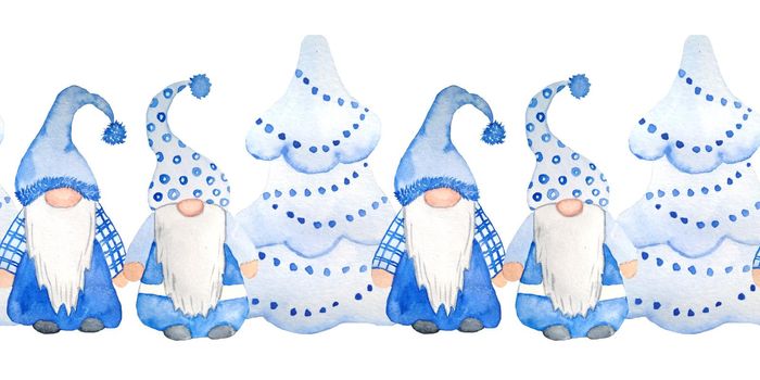 Watercolor hand drawn seamless horizontal border of Christmas nordic scandinavian fairy gnome. Design for new year cards invitations in neutral elctric blue grey. Christmas tree ornament cartoon