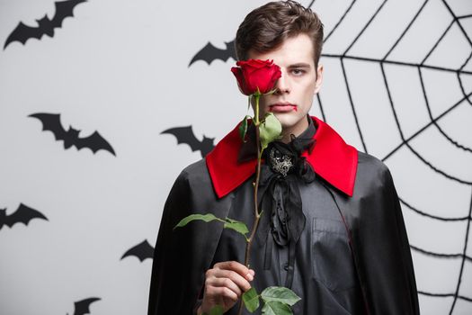 Vampire Halloween Concept - Portrait of handsome caucasian Vampire holding red beautiful rose