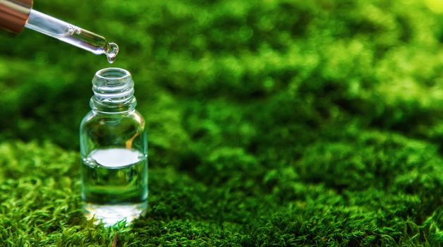 Cosmetics in a bottle and essential oils on moss. Natural spa. Selective focus. Nature.