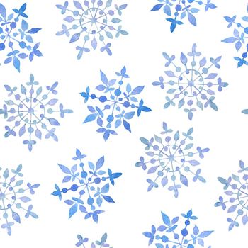 Watercolor hand drawn seamless pattern with blue elegant snowflakes for Christmas new year design wrapping paper textile. Electric blue snow frost pastel invitation celebration. Winter background