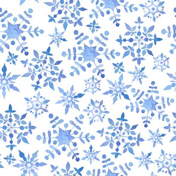 Watercolor hand drawn seamless pattern with blue elegant snowflakes for Christmas new year design wrapping paper textile. Electric blue snow frost pastel invitation celebration. Winter background