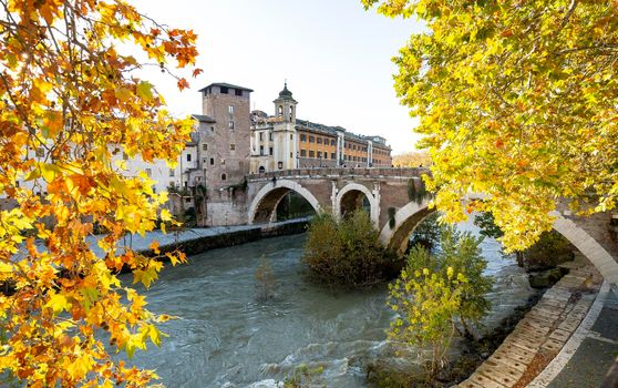 The ancient Cestio Bridge crossed by the Tiber River; connects the island Tiberina with Trastevere. Roma, Italy 
