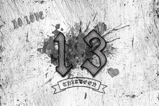 Stylized image of the number 13 in black and white, with the effect of a pencil drawing with scratches and paint spots