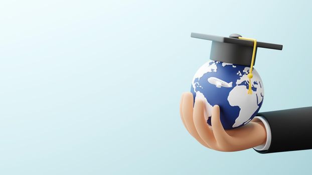 Study abroad concept design of business hand holding globe with graduation cap and plane 3D render