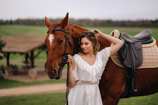 A girl in a white sundress stands next to a brown horse in a field in summer.