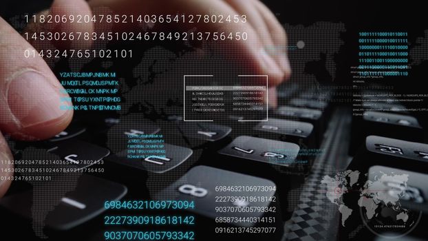 Man working on laptop computer keyboard with graphic user interface GUI hologram showing concepts of big data science technology, digital network connection and computer programming algorithm.