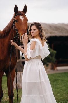 Beautiful girl in a white sundress next to a horse on an old ranch.