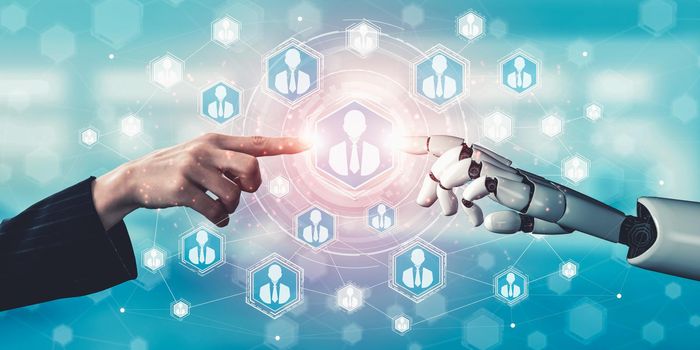 3D rendering artificial intelligence AI research of droid robot and cyborg development for future of people living. Digital data mining and machine learning technology design for computer brain.