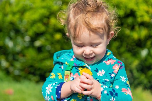 Baby sniffs a flower in spring. Selective focus. Nature.