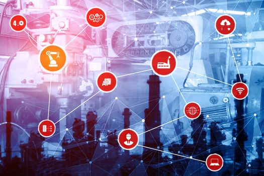 Industry 4.0 technology concept - Smart factory for fourth industrial revolution with icon graphic showing automation system by using robots and automated machinery controlled via internet network .