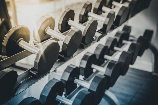 Dumbbells on rack in fitness center. Bodybuilding concept.