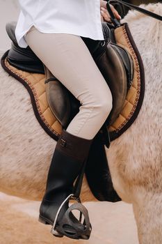 Close-up of a rider's legs in stirrups. A woman on a horse.