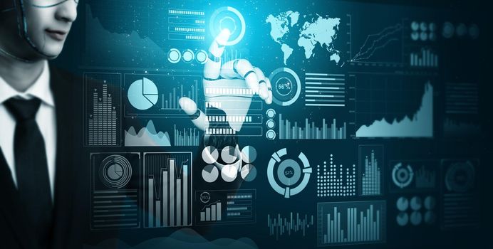 3D Rendering futuristic robot technology development, artificial intelligence AI, and machine learning concept. Global robotic bionic science research for future of human life.