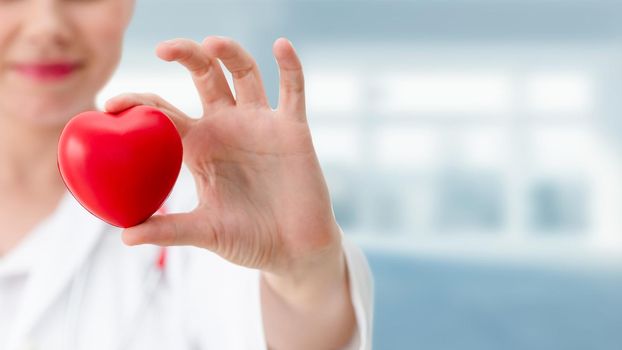 Doctor holding a red heart at hospital office. Medical health care and doctor staff service concept.