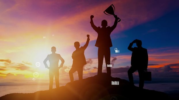 Achievement and Business Goal Success conceptual - Creative business people with icon graphic interface showing employee reward giving for business success achievement.