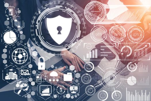 Cyber Security and Digital Data Protection Concept. Icon graphic interface showing secure firewall technology for online data access defense against hacker, virus and insecure information for privacy.