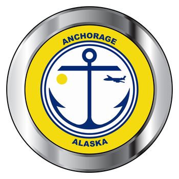 The traditional flag of the Alaska city of Anchorage Set within a silver button