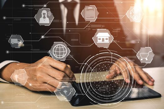 Omni channel technology of online retail business. Multichannel marketing on social media network platform offer service of internet payment channel, online retail shopping and omni digital app.