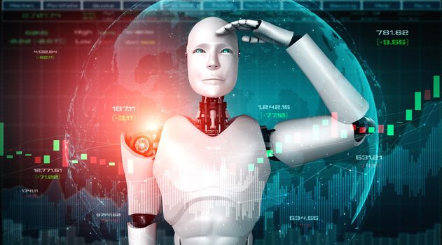 Future financial technology controlled by AI robot using machine learning and artificial intelligence to analyze business data and give advice on investment and trading decision . 3D illustration .