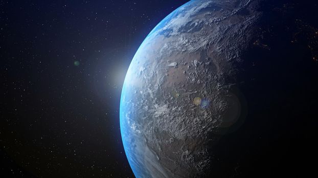 Realistic earth planet with sunrise at the horizon by 3d rendering graphic. Globalization and people network concept.