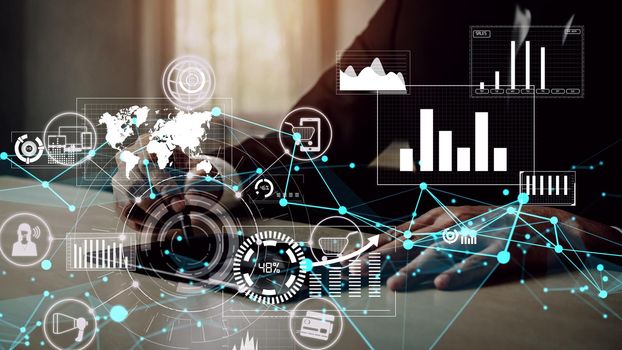 Conceptual business dashboard for financial data analysis . 3D render computer graphic .