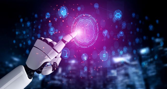 3D rendering artificial intelligence AI research of robot and cyborg development for future of people living. Digital data mining and machine learning technology design for computer brain.