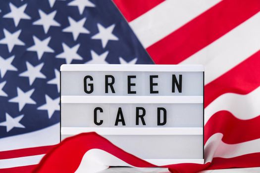 American flag. Lightbox with text GREEN CARD Flag of the united states of America. July 4th Independence Day. USA patriotism national holiday. Usa proud. Freedom concept