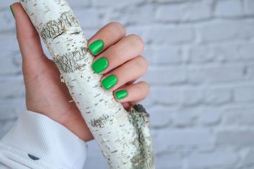 Manicured female hands with stylish green nails. Trendy modern design manicure. Gel nails. Skin care. Beauty treatment. Nail care. Wellness. Trendy colors.