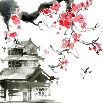 Watercolor and ink illustration of japanese pagoda and blossom sakura tree with pink flowers. Oriental traditional painting by ink and watercolor in sumi-e style.