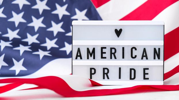 American flag. Lightbox with text AMERICAN PRIDE Flag of the united states of America. July 4th Independence Day. USA patriotism national holiday. Usa proud. Freedom concept