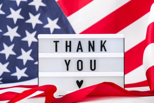 American flag. Lightbox with text THANK YOU Flag of the united states of America. July 4th Independence Day. USA patriotism national holiday. Usa proud. Freedom concept