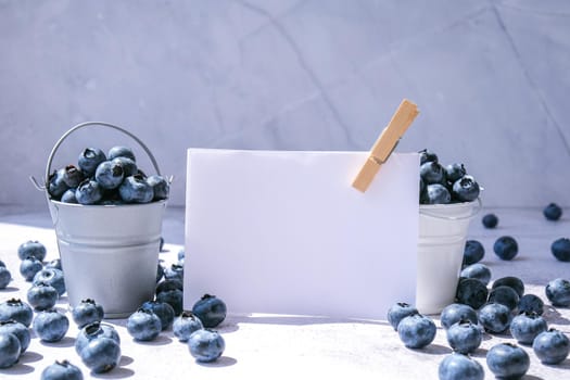 Blueberries in a small Bucket on concrete background with empty paper note. Healthy organic seasonal fruit background. Organic food. Healthy summer snack. Copy space Superfood. Good vision. Keep eyes healthy