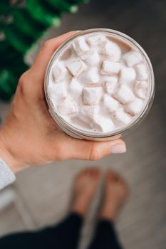 Young millennial woman holding a mug cup of cacao with marshmallows at home. Hot chocolate drink. Plant on background. Enjoy staying at home